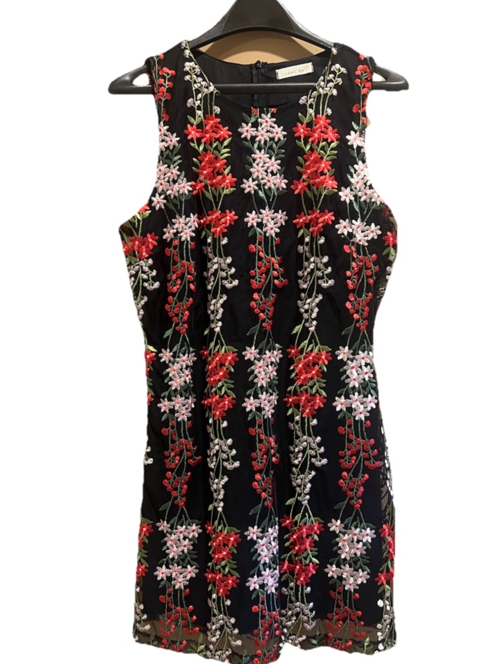 Black Floral Mesh Embroidered Shift Sleeveless Short Dress L